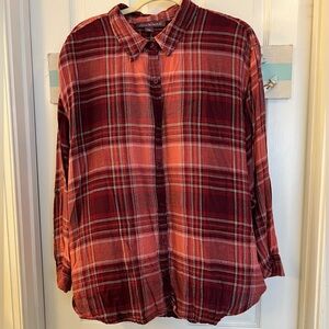 Gloria Vanderbilt Shirt Red Plaid Roll Tab Sleeves Casual Button Down Sz XXL